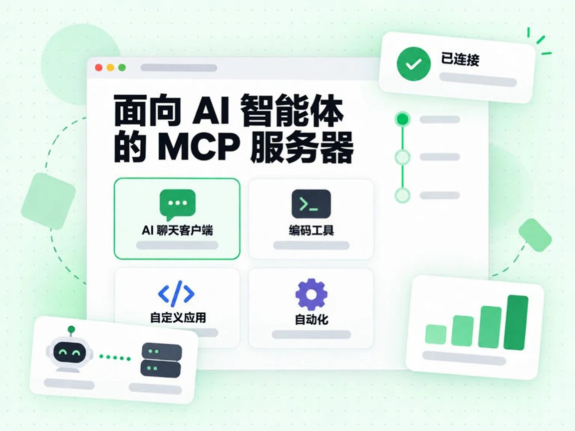 面向 AI 智能体的 MCP 服务器可在 AI 聊天客户端、编码工具和自定义应用中使用，并显示自动化与已连接。