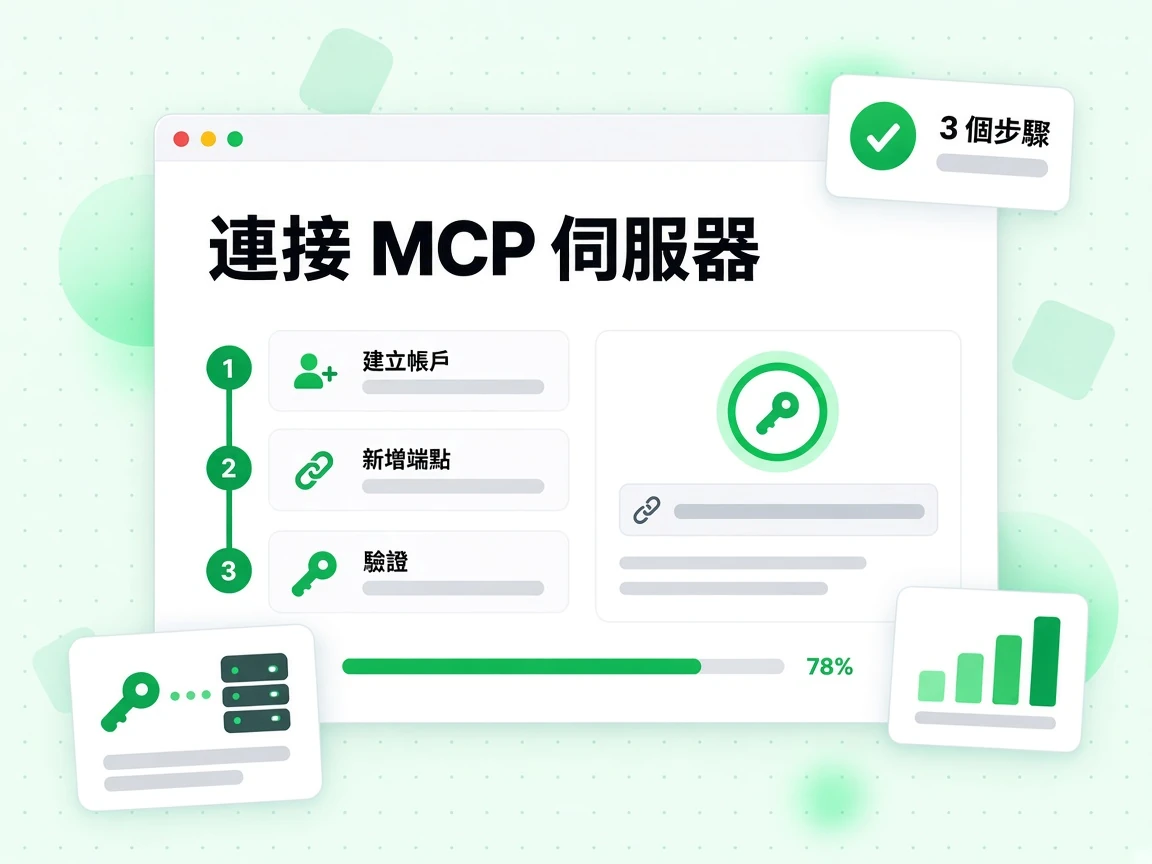 連接 MCP 伺服器以 3 個步驟呈現：建立帳戶、新增端點，再完成驗證。