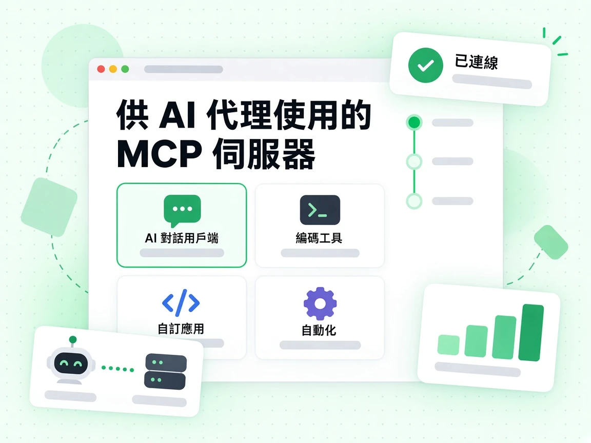 供 AI 代理使用的 MCP 伺服器接上 AI 對話用戶端、編碼工具與自訂應用，並標示自動化與已連線。
