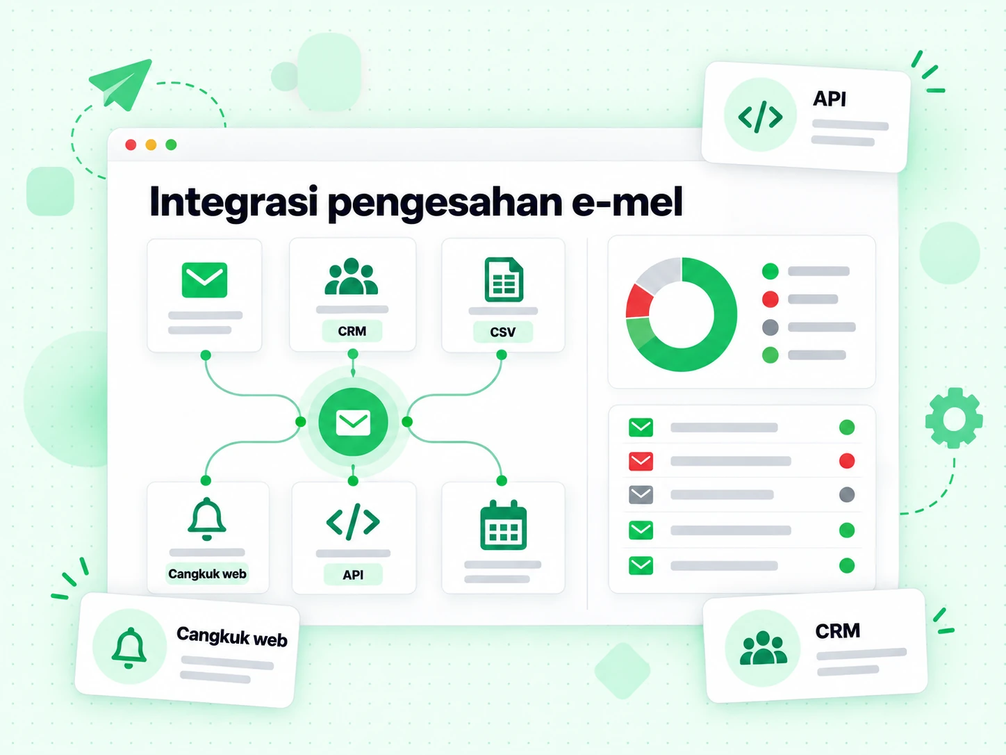 Grid Integrasi pengesahan e-mel memautkan API, Cangkuk web, CRM dan import CSV