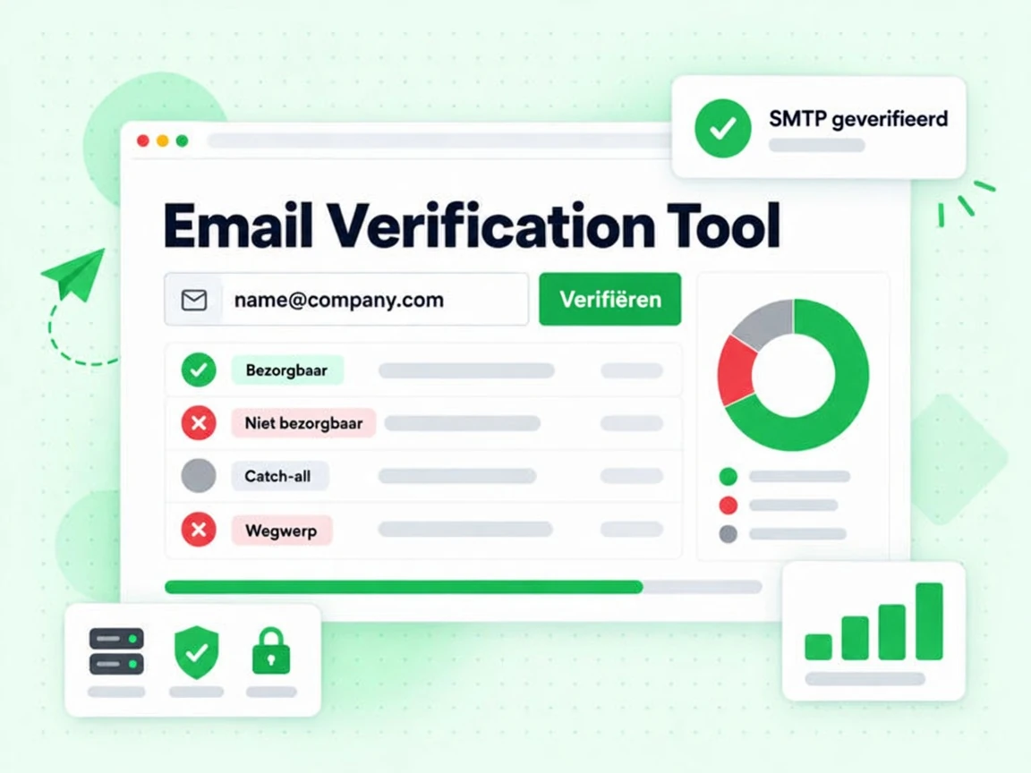 Email Verification Tool console met een e-mailinvoer, een resultaat Bezorgbaar en een bezorgbaarheidsdonut