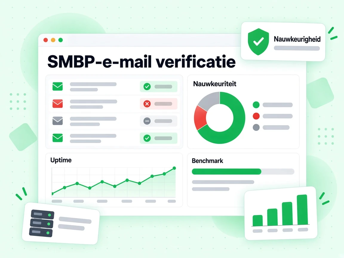 SMTP-e-mailverificatie benchmarkdashboard met een nauwkeurigheidsdonut en een uptimetrendlijn