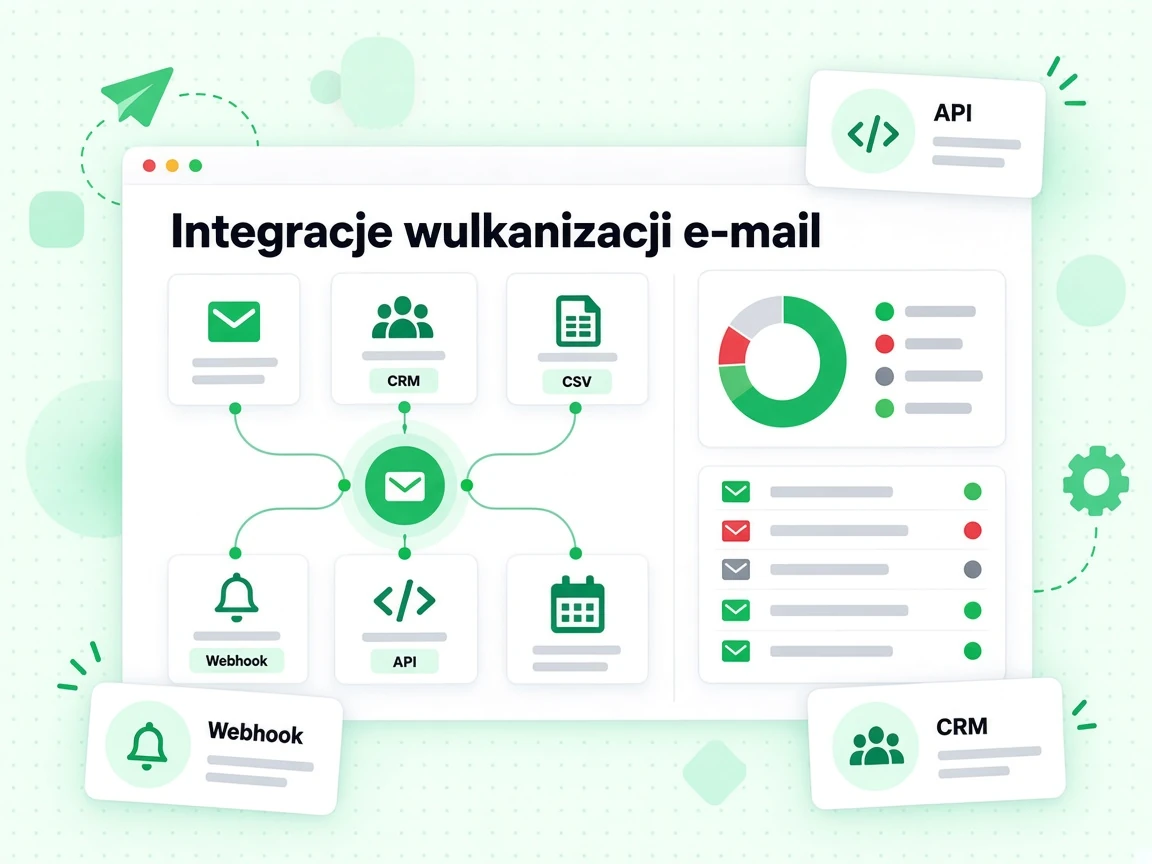 Siatka integracji weryfikacji e-mail łączy API, webhook, CRM i import CSV