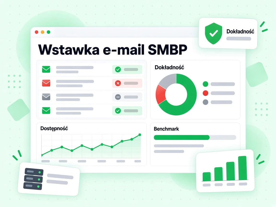 Benchmark weryfikacji e-mail SMTP: wykres dokładności, trend dostępności i tabela wyników