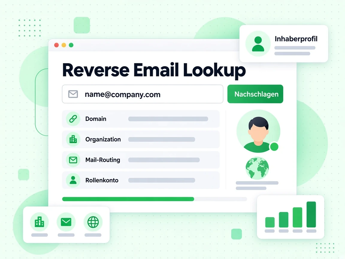 Reverse Email Lookup mit E-Mail-Feld, Nachschlagen-Button und Zeilen für Domain, Organisation und Mail-Routing