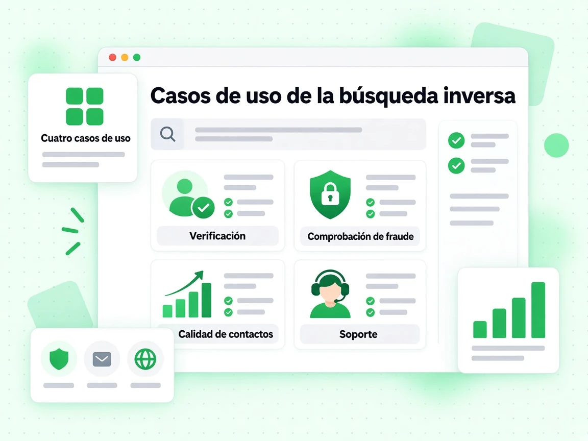 Casos de uso de la búsqueda inversa como Verificación, Comprobación de fraude, Calidad de contactos y Soporte
