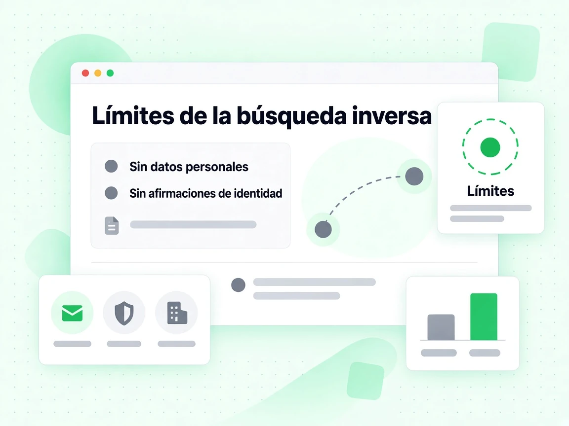 Panel de Límites de la búsqueda inversa que indica Sin datos personales y Sin afirmaciones de identidad