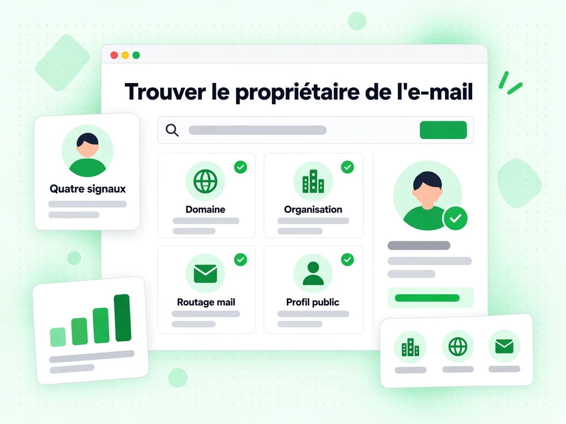Trouver le propriétaire de l'e-mail via quatre signaux : Domaine, Organisation, Routage mail et Profil public.