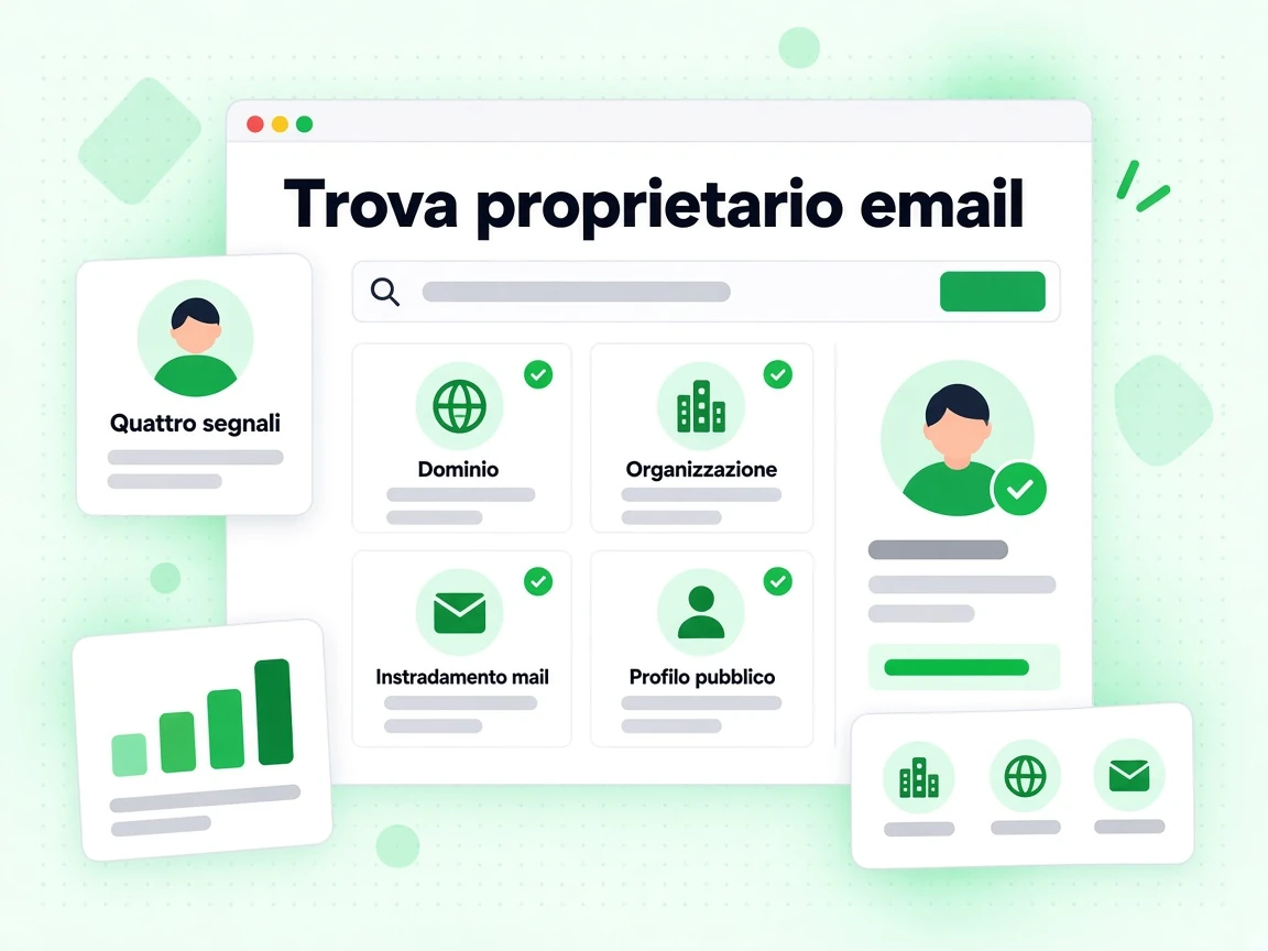 Trova proprietario email con Quattro segnali: Dominio, Organizzazione, Instradamento mail e Profilo pubblico.