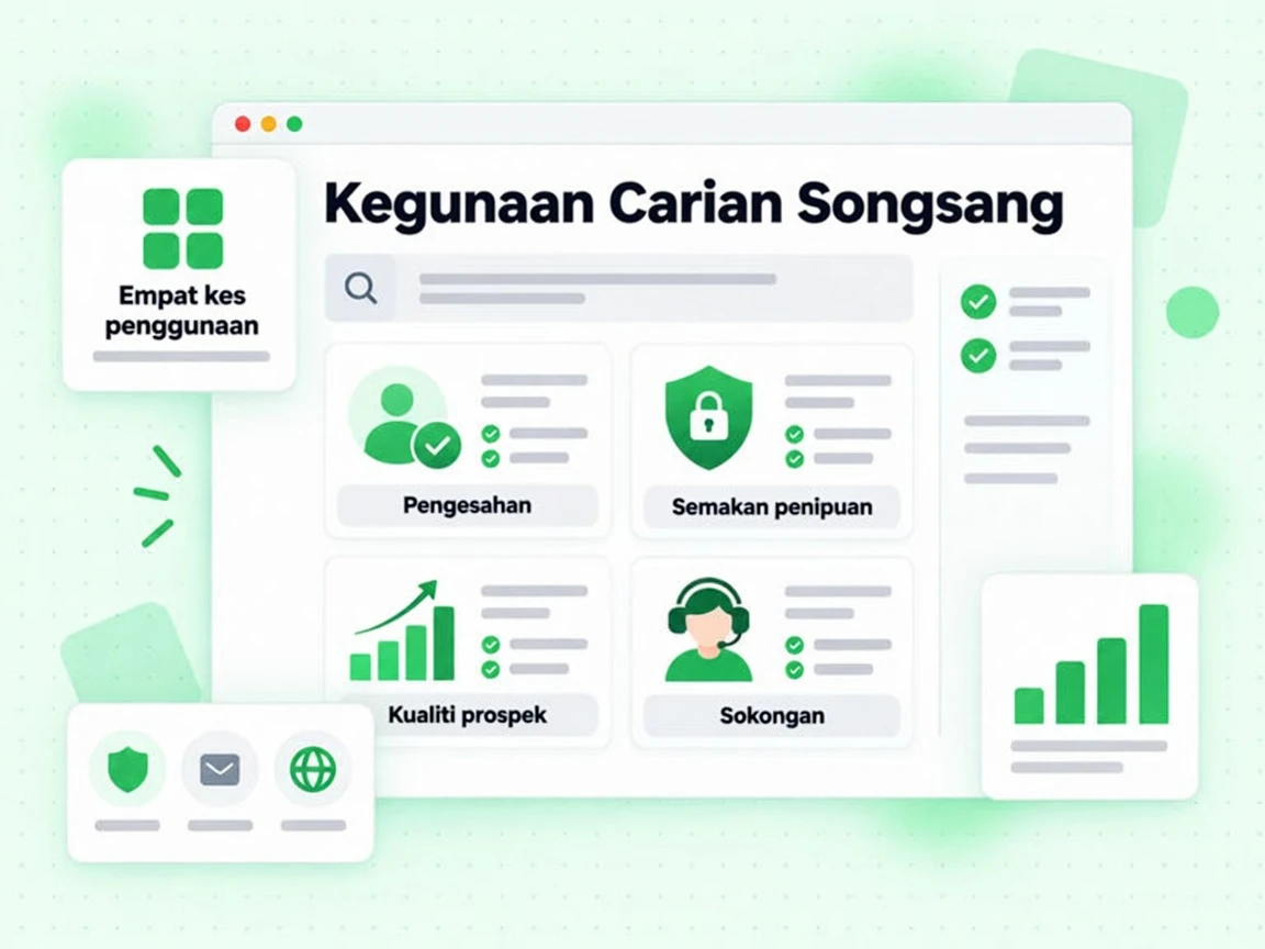 Kegunaan Carian Songsang sebagai Empat kes penggunaan: Pengesahan, Semakan penipuan, Kualiti prospek, Sokongan