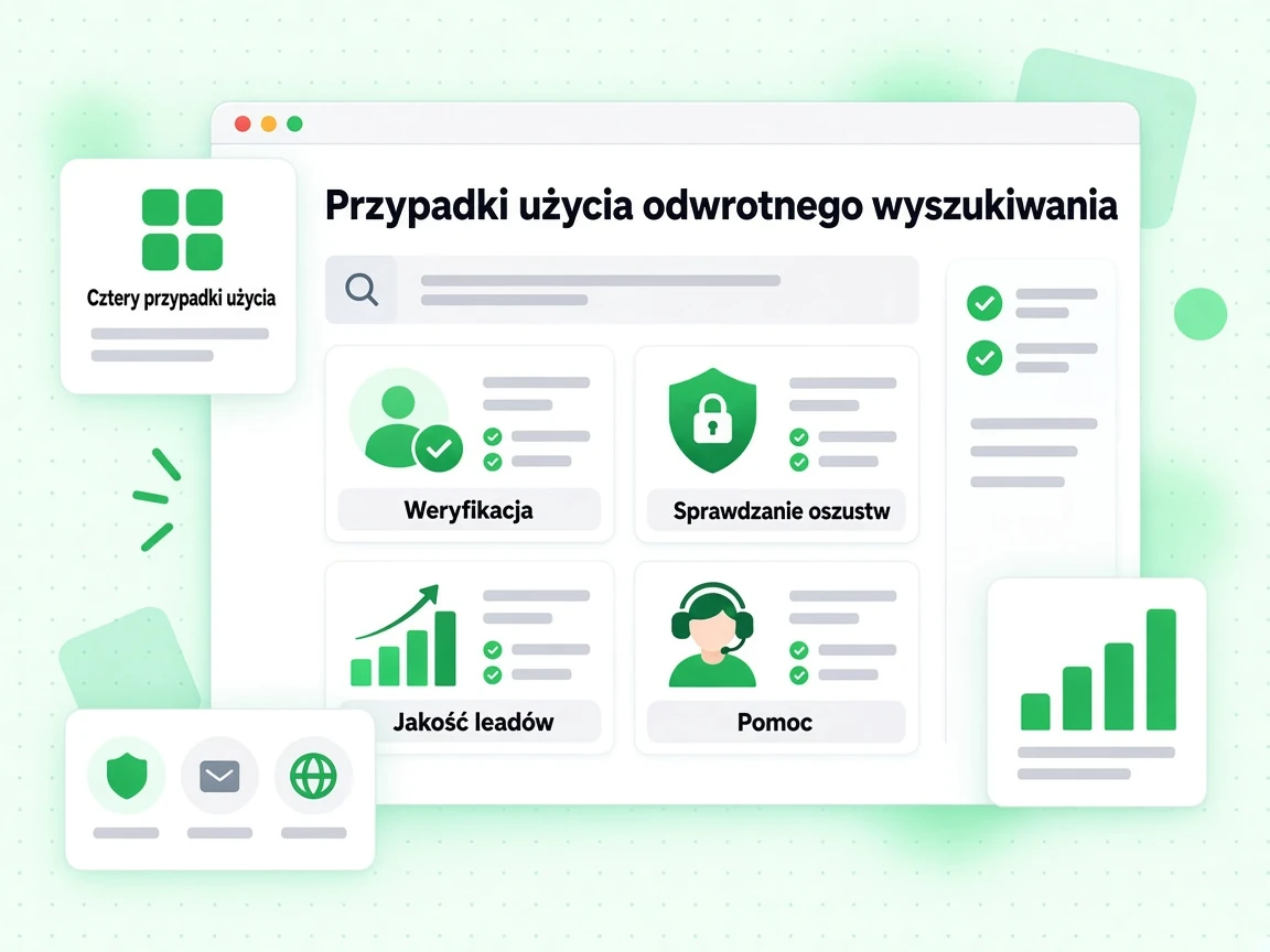 Przypadki użycia odwrotnego wyszukiwania obejmują karty Weryfikacja, Sprawdzanie oszustw, Jakość leadów i Pomoc