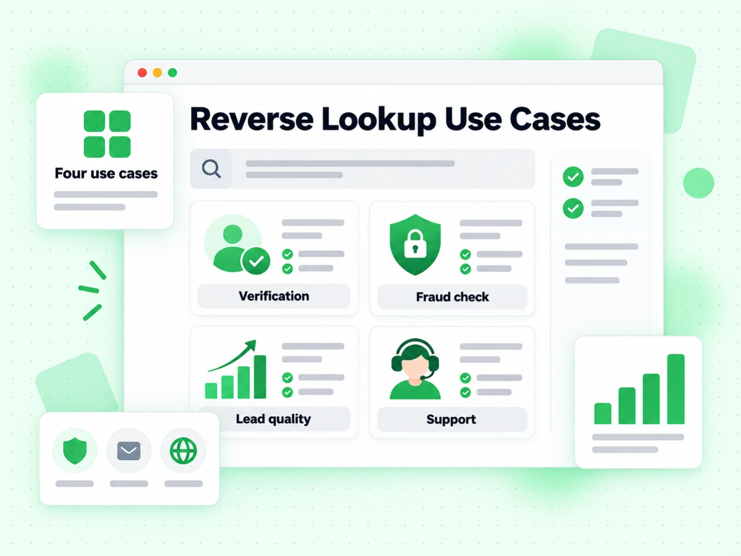 Reverse Lookup Use Cases as Verification, Fraud check, Lead quality, and Support cards