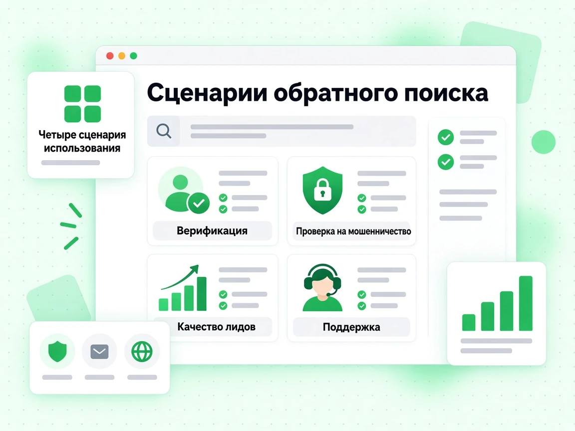 Сценарии обратного поиска: Верификация, Проверка на мошенничество, Качество лидов и Поддержка.
