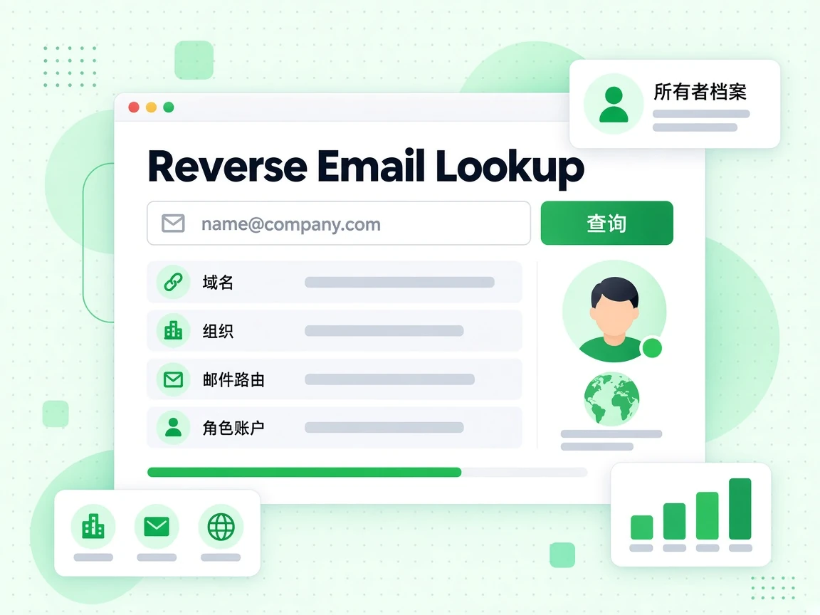 Reverse Email Lookup 有邮箱输入框和查询按钮，列出域名、组织、邮件路由与角色账户，并显示所有者档案。