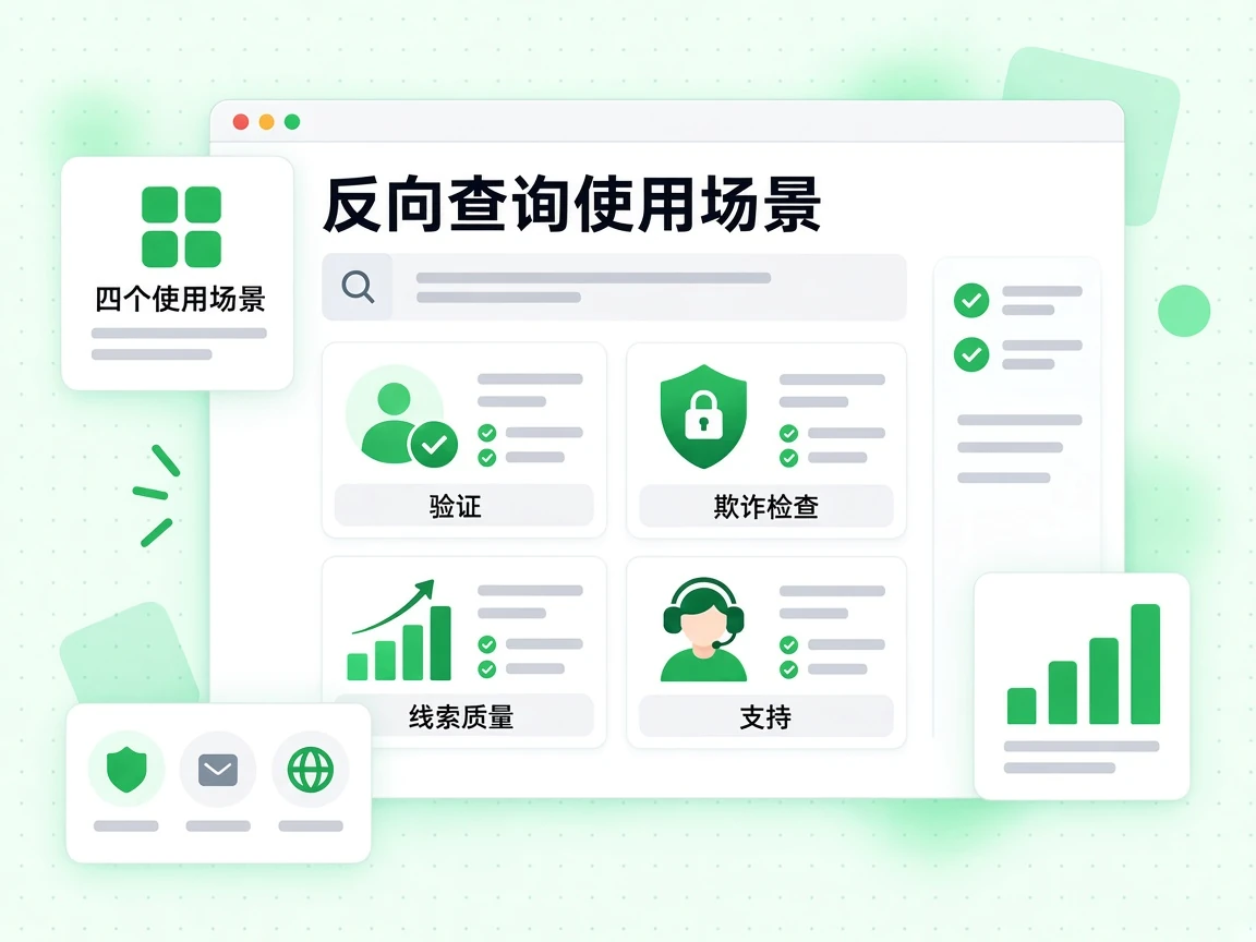 反向查询使用场景卡片含验证、欺诈检查、线索质量与支持四项。