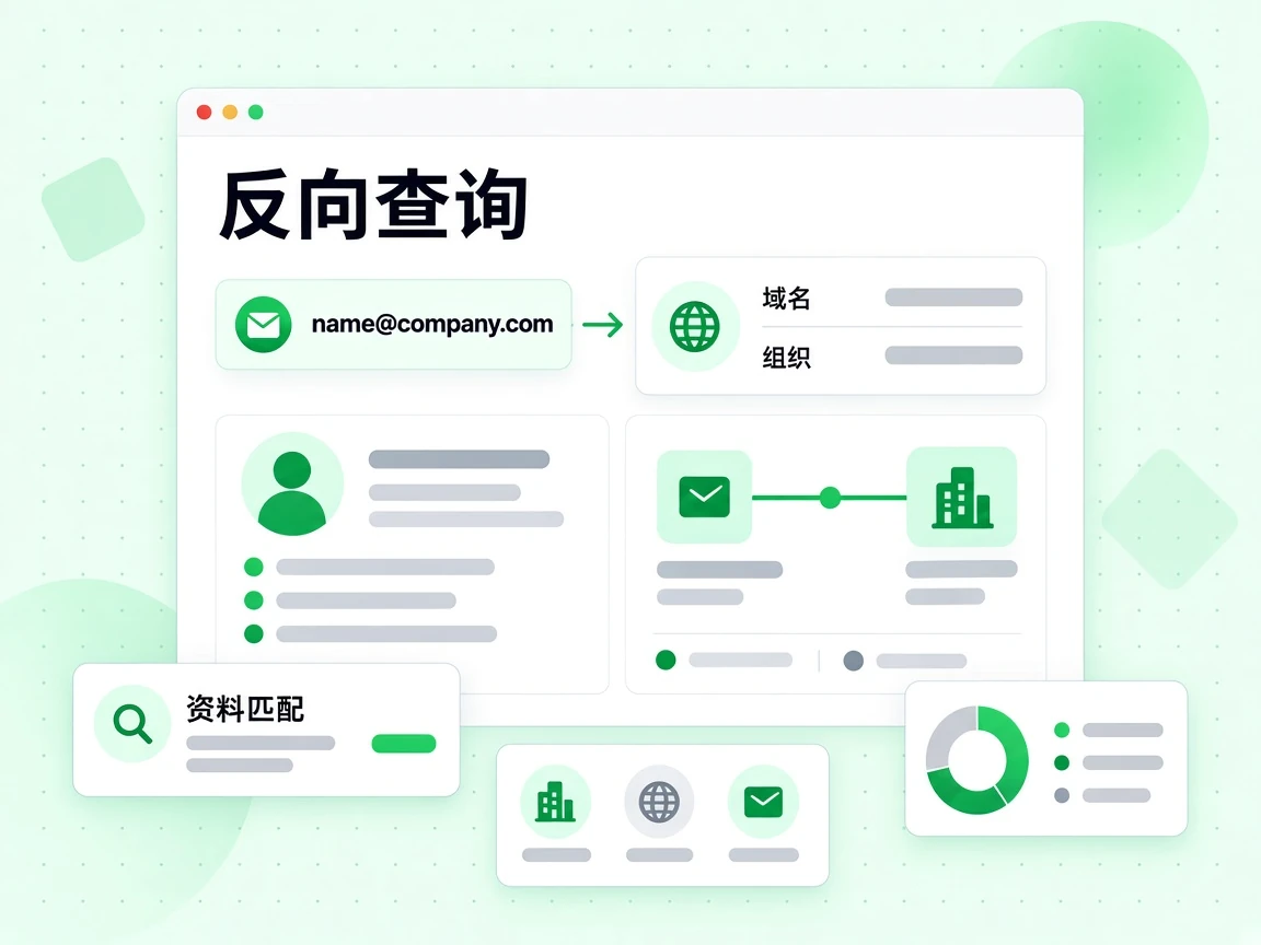反向查询把地址关联到域名与组织，并显示资料匹配卡片。