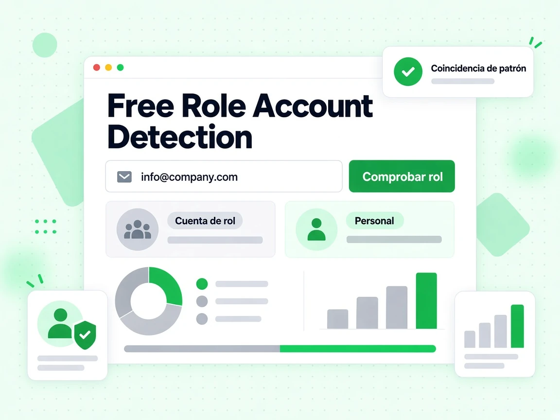 Formulario de Free Role Account Detection con campo de email, botón Comprobar rol y resultado de Cuenta de rol