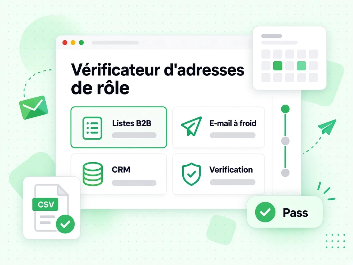 Vérificateur d'adresses de rôle utilisé sur listes B2B, e-mail à froid, CRM et vérification.