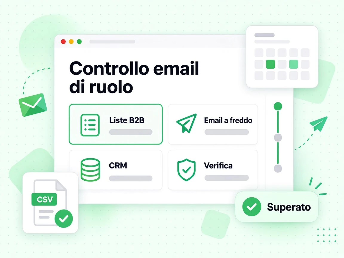 Controllo email di ruolo su Liste B2B, Email a freddo, CRM e Verifica, con esito Superato.