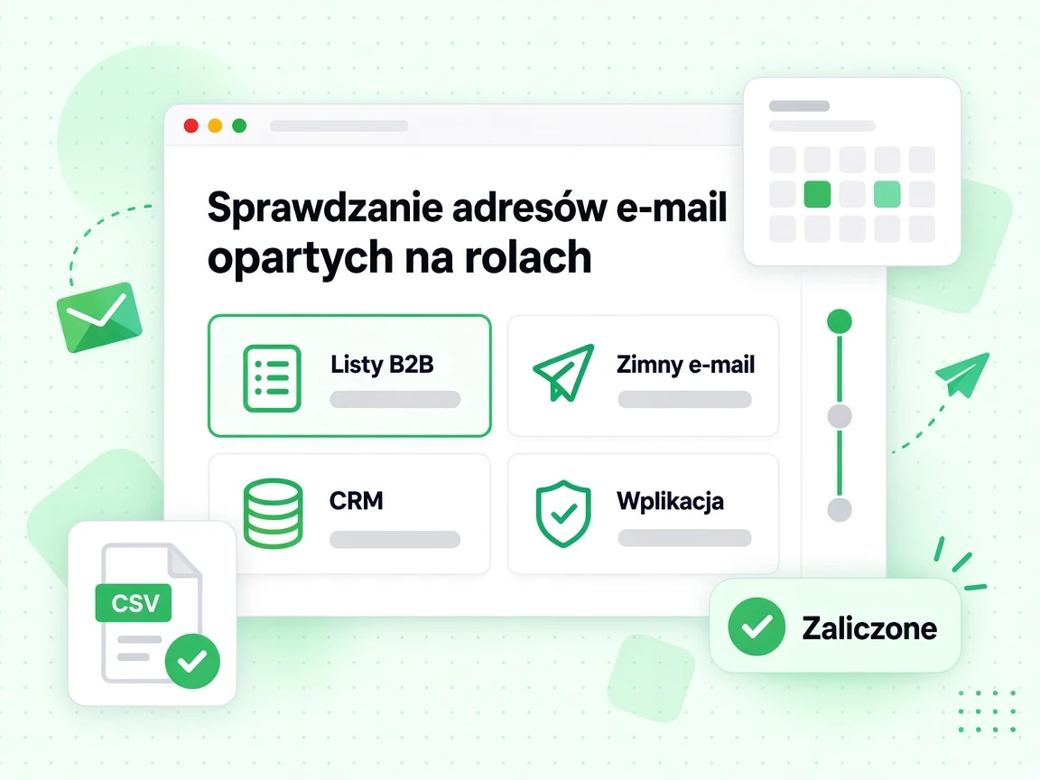 Sprawdzanie adresów e-mail opartych na rolach: karty Listy B2B, Zimny e-mail, CRM, Weryfikacja i Zaliczone