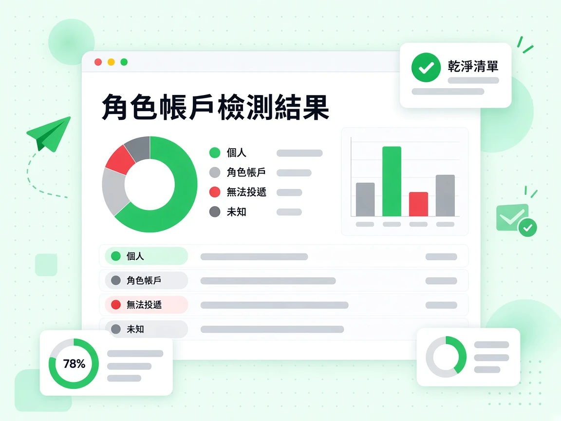 角色帳戶檢測結果面板列出個人、角色帳戶、無法投遞與未知狀態，並附乾淨清單