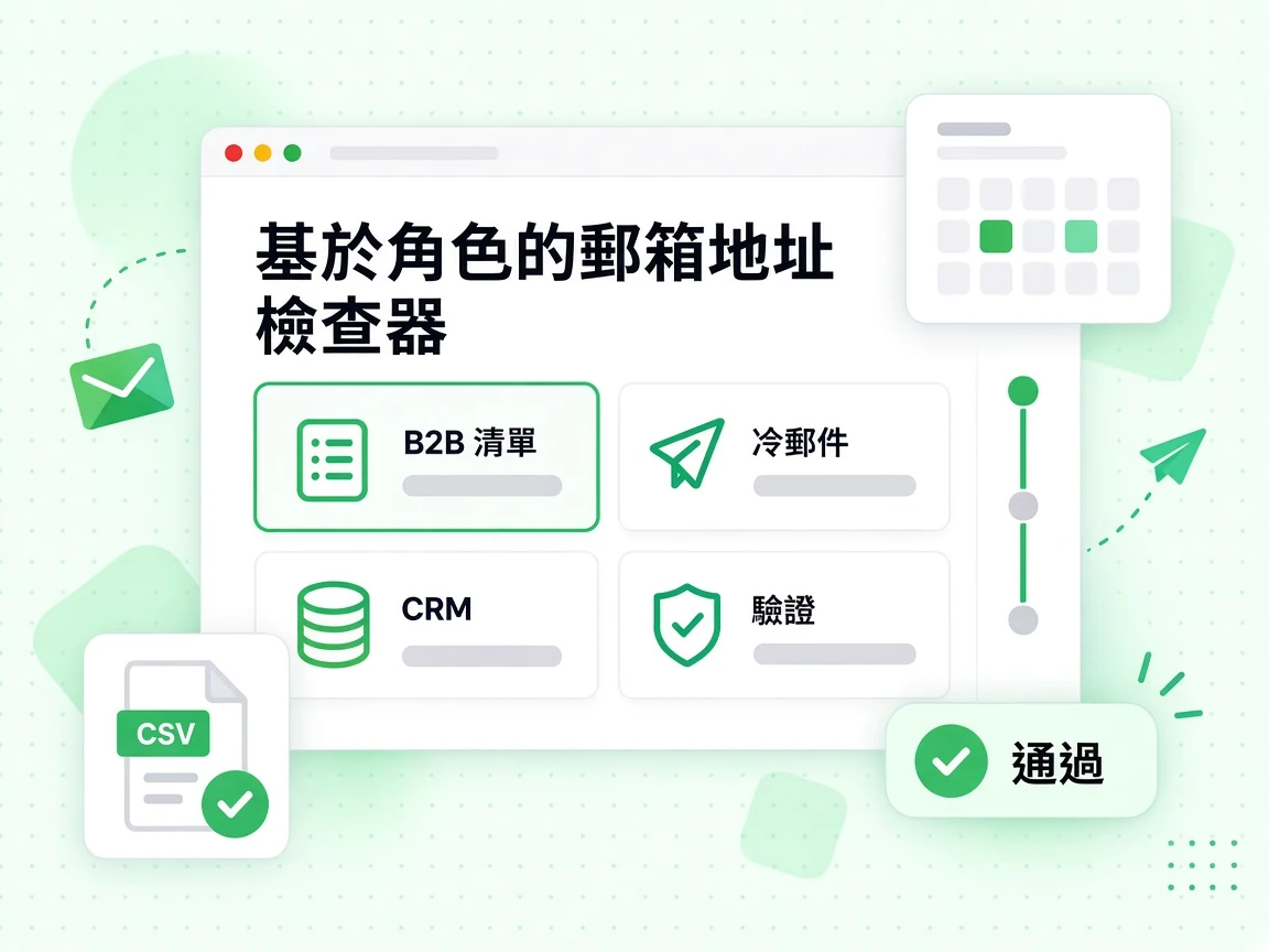 基於角色的郵箱地址檢查器情境卡片涵蓋 B2B 清單、冷郵件與 CRM 驗證，皆標示通過