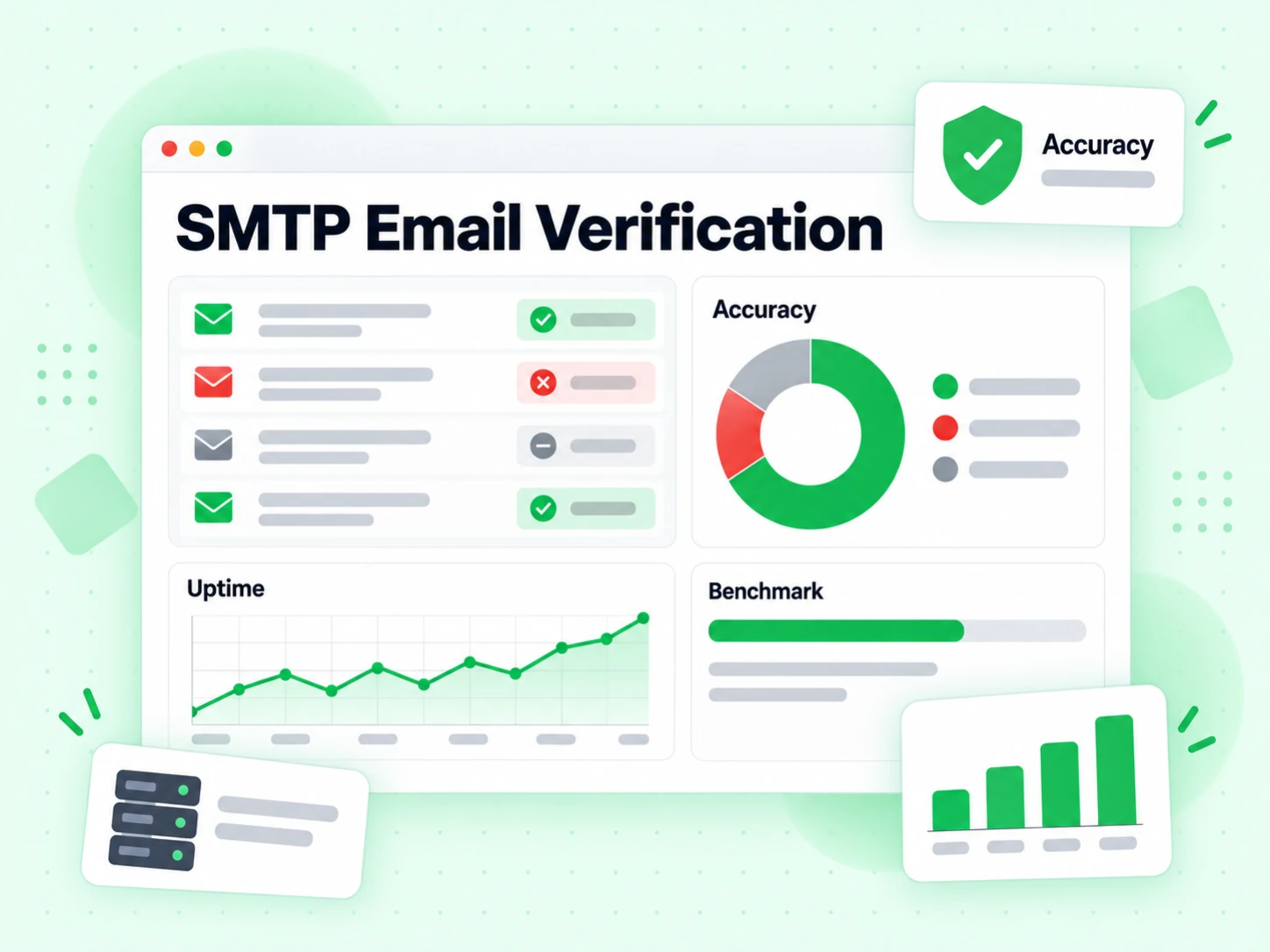 SMTP Email Verification benchmark with an accuracy donut, an uptime trend line and a results table
