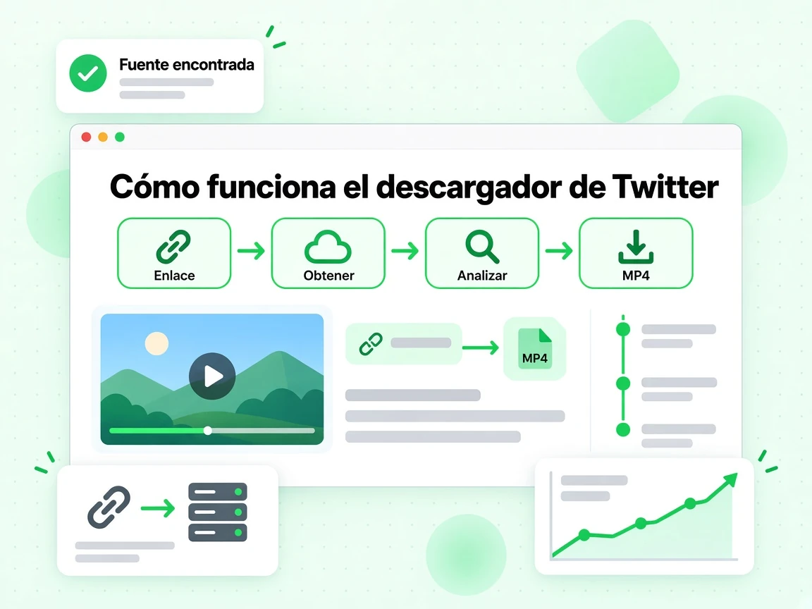 Cómo funciona el descargador de Twitter: el flujo de Enlace, Obtener y Analizar hasta Fuente encontrada en MP4