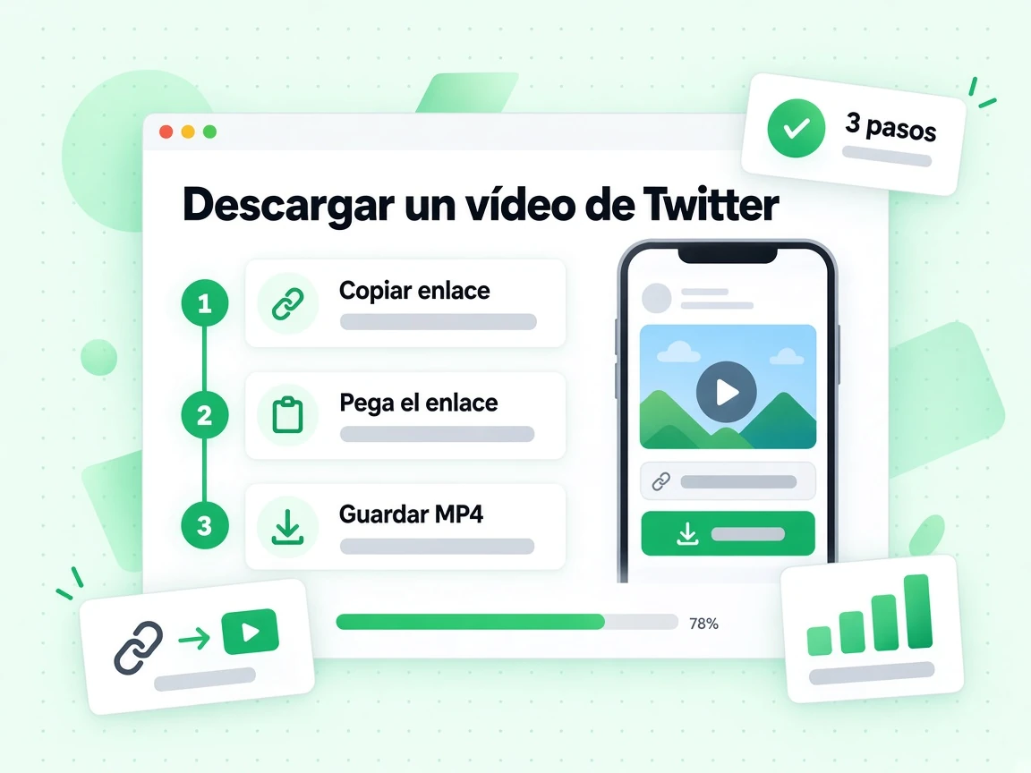 Descargar un vídeo de Twitter se hace en 3 pasos: Copiar enlace, Pega el enlace y Guardar MP4