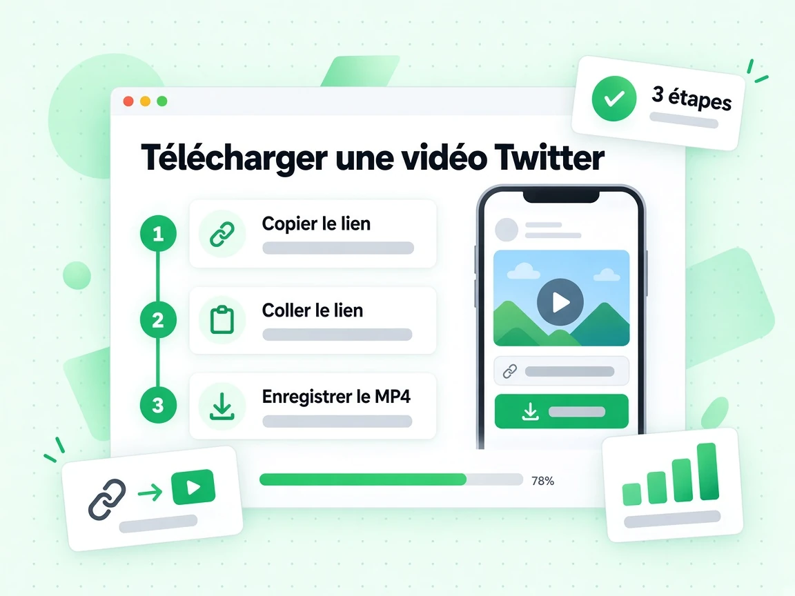 Télécharger une vidéo Twitter en 3 étapes : copier le lien, coller le lien, puis enregistrer le MP4.