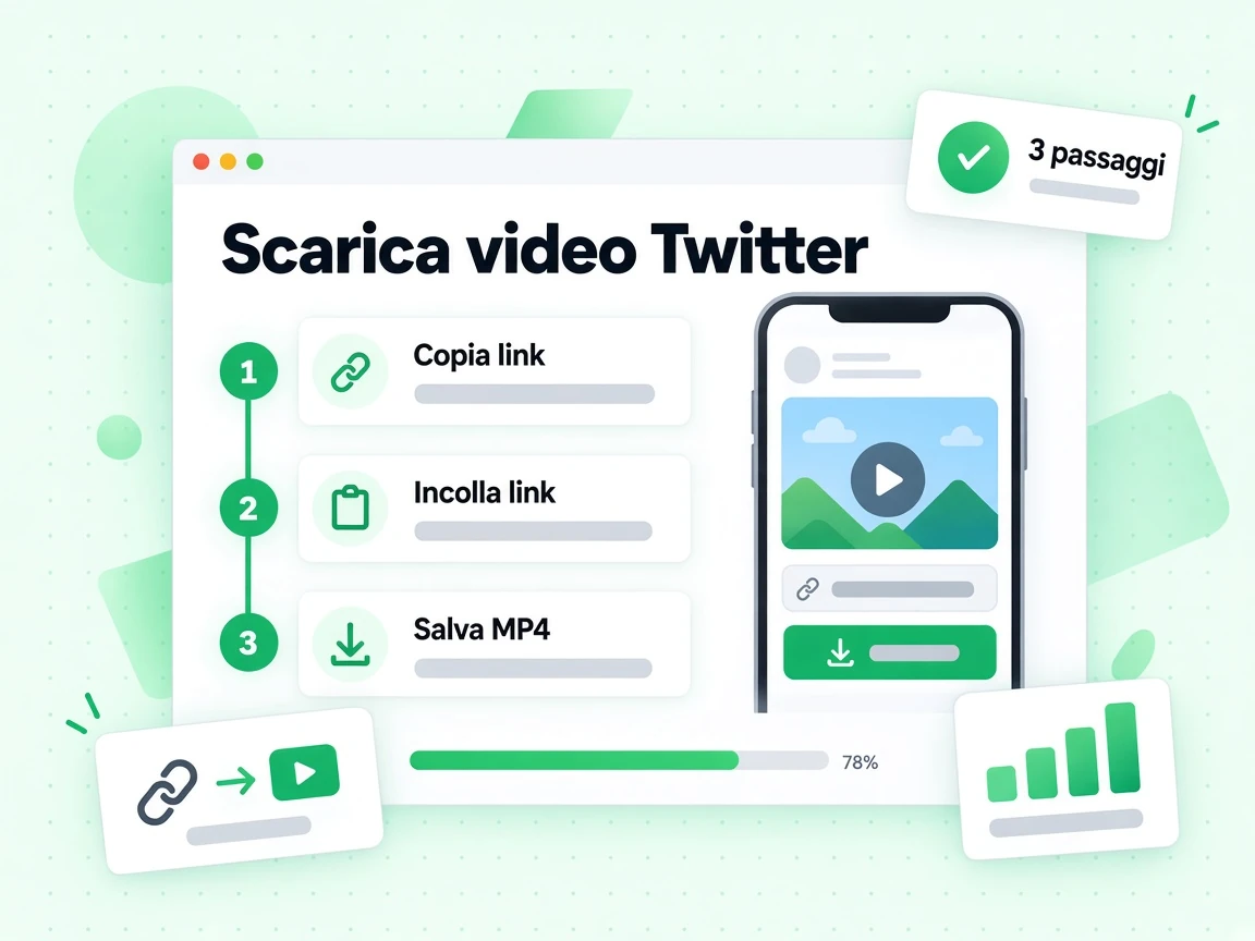 Scarica video Twitter si fa in 3 passaggi: Copia link, Incolla link e Salva MP4.