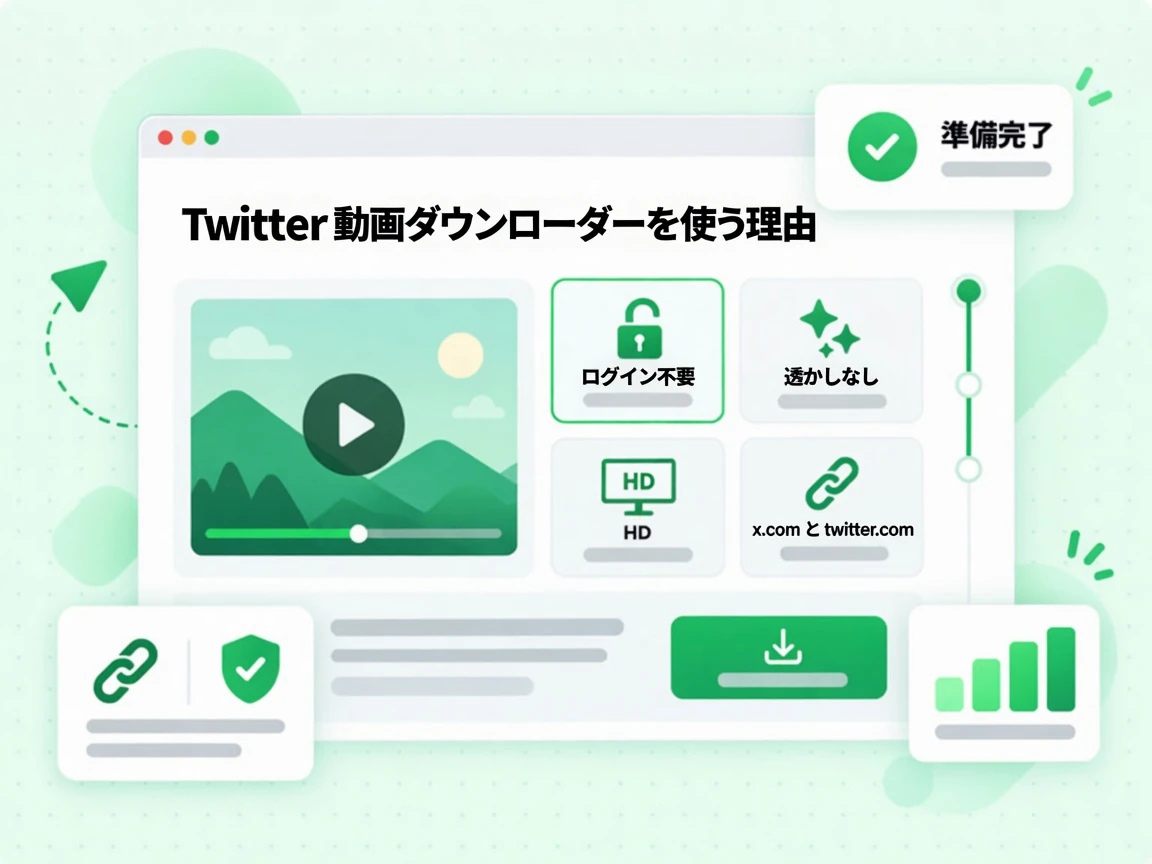 Twitter 動画ダウンローダーを使う理由はログイン不要、透かしなし、HD、x.com と twitter.com 対応を示す