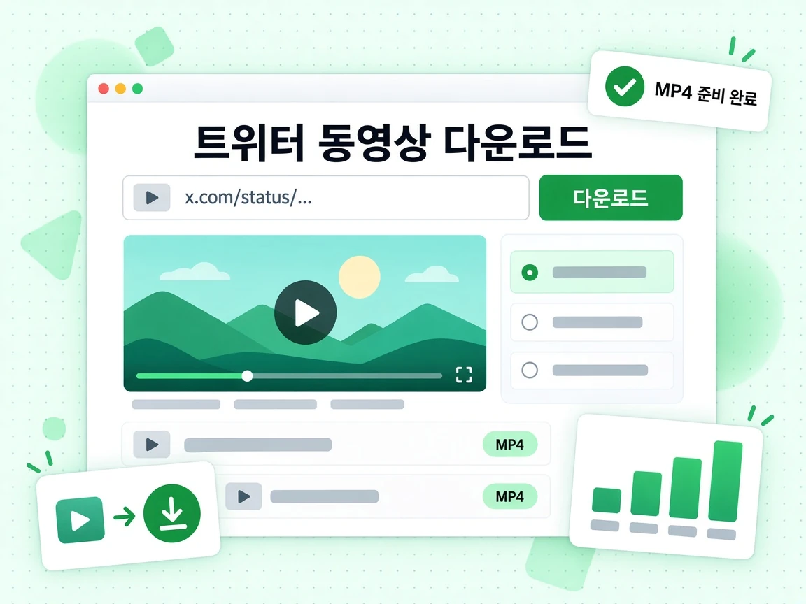 트위터 동영상 다운로드 화면에 게시물 URL 입력란, 다운로드 버튼, MP4 결과가 있다