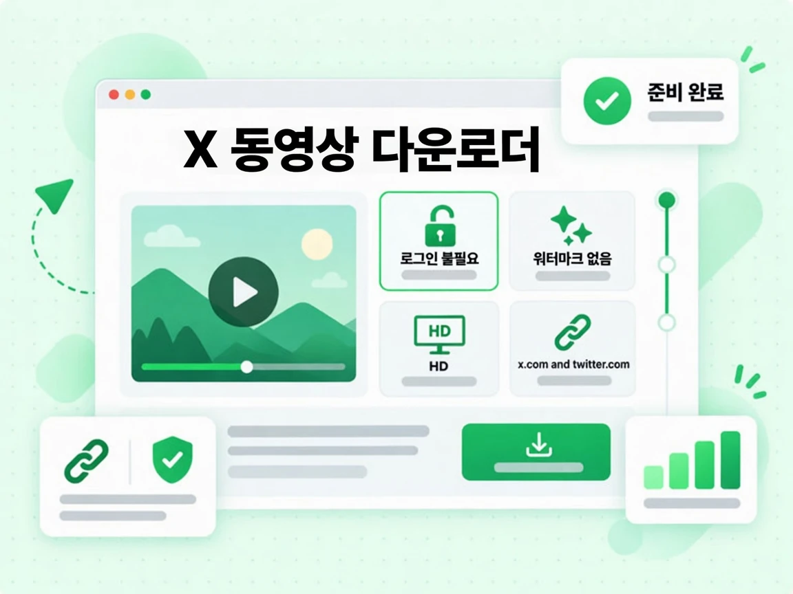 X 동영상 다운로더 기능 카드에 로그인 불필요, 워터마크 없음, HD, twitter.com 링크가 표시된 화면