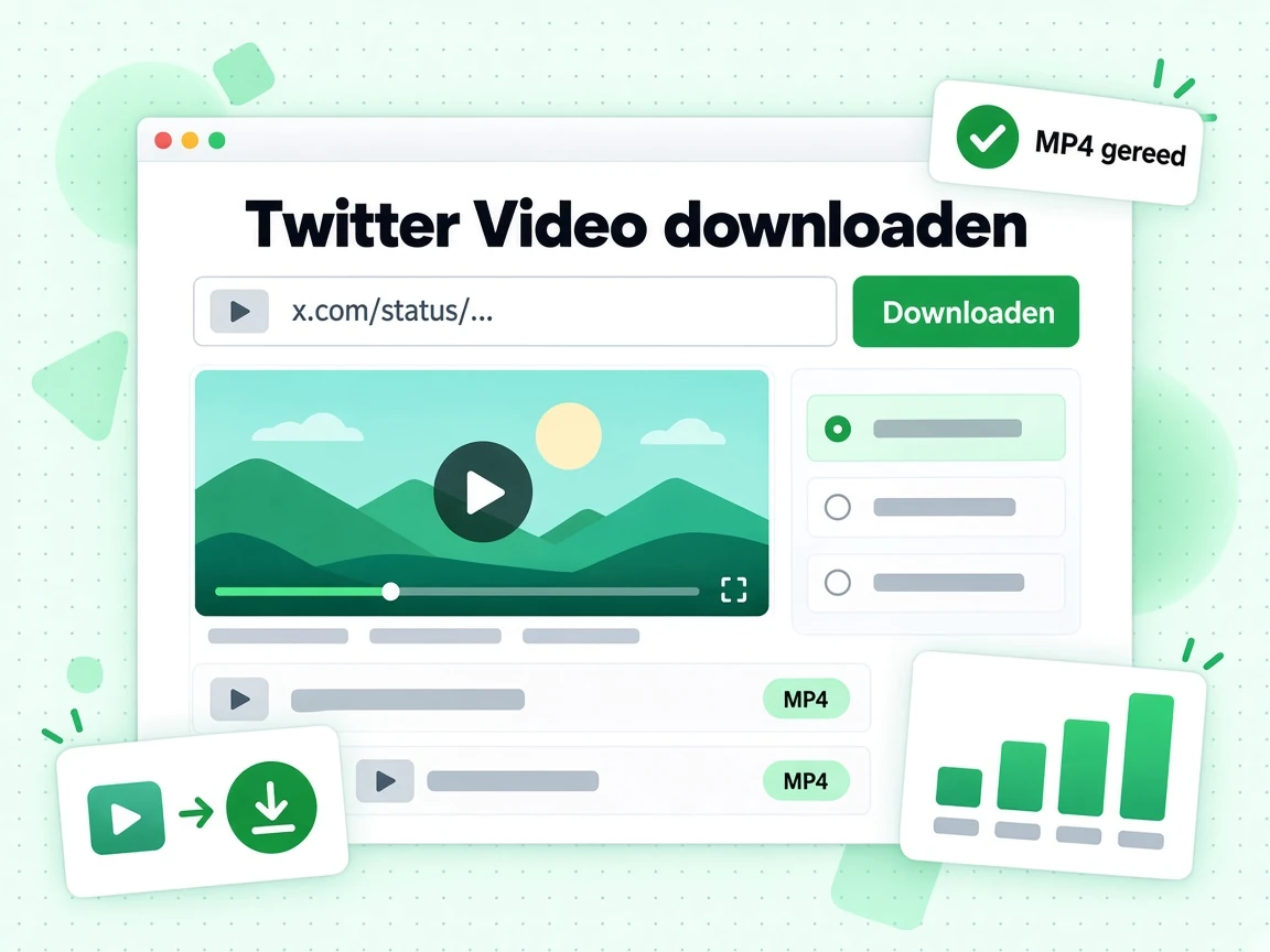 Twitter video downloaden met een post-URL-veld, een knop Downloaden en een MP4-resultaat