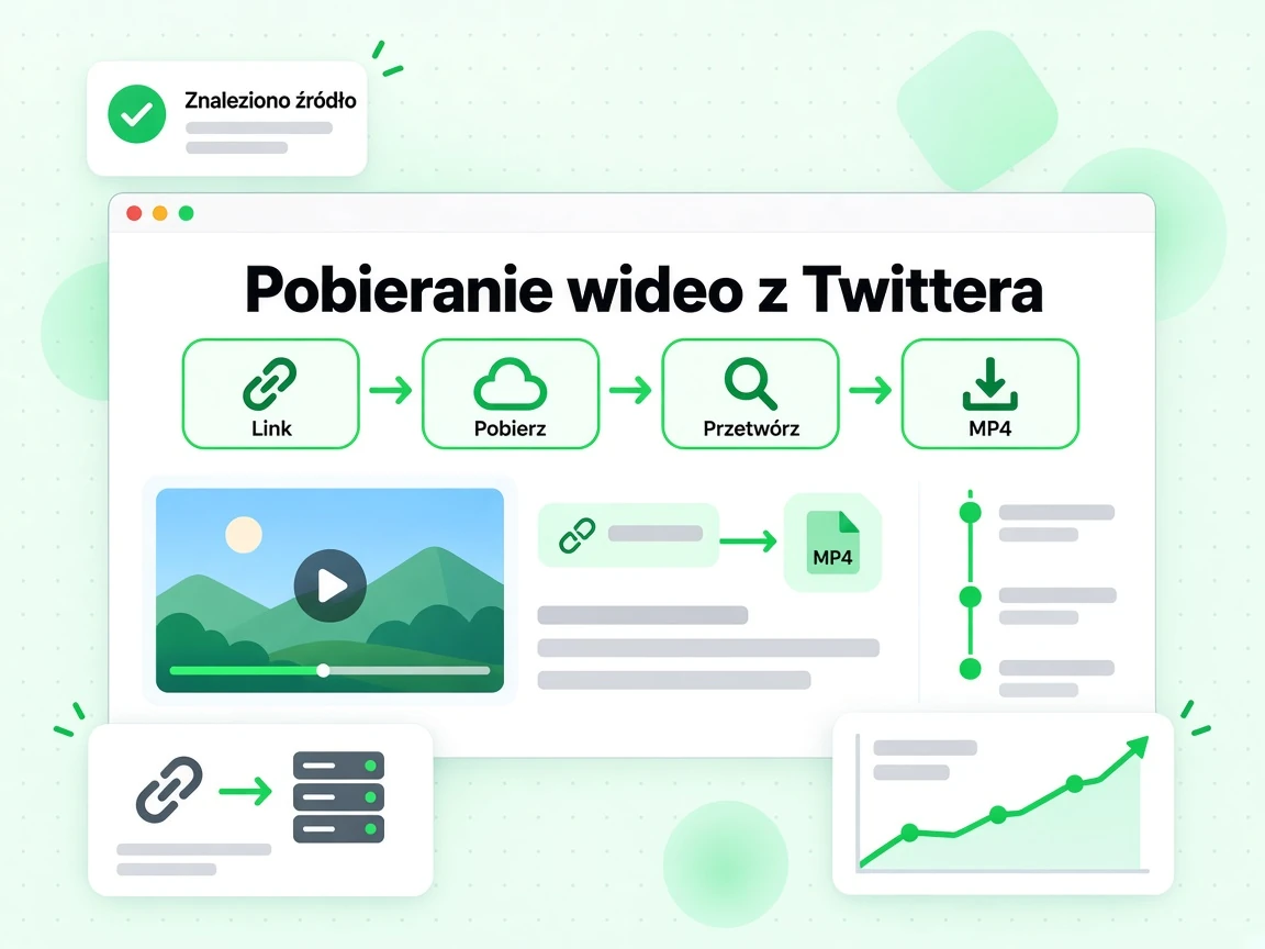 Pobieranie wideo z Twittera: przepływ od Link przez Pobierz i Przetwórz do MP4, ze statusem Znaleziono źródło