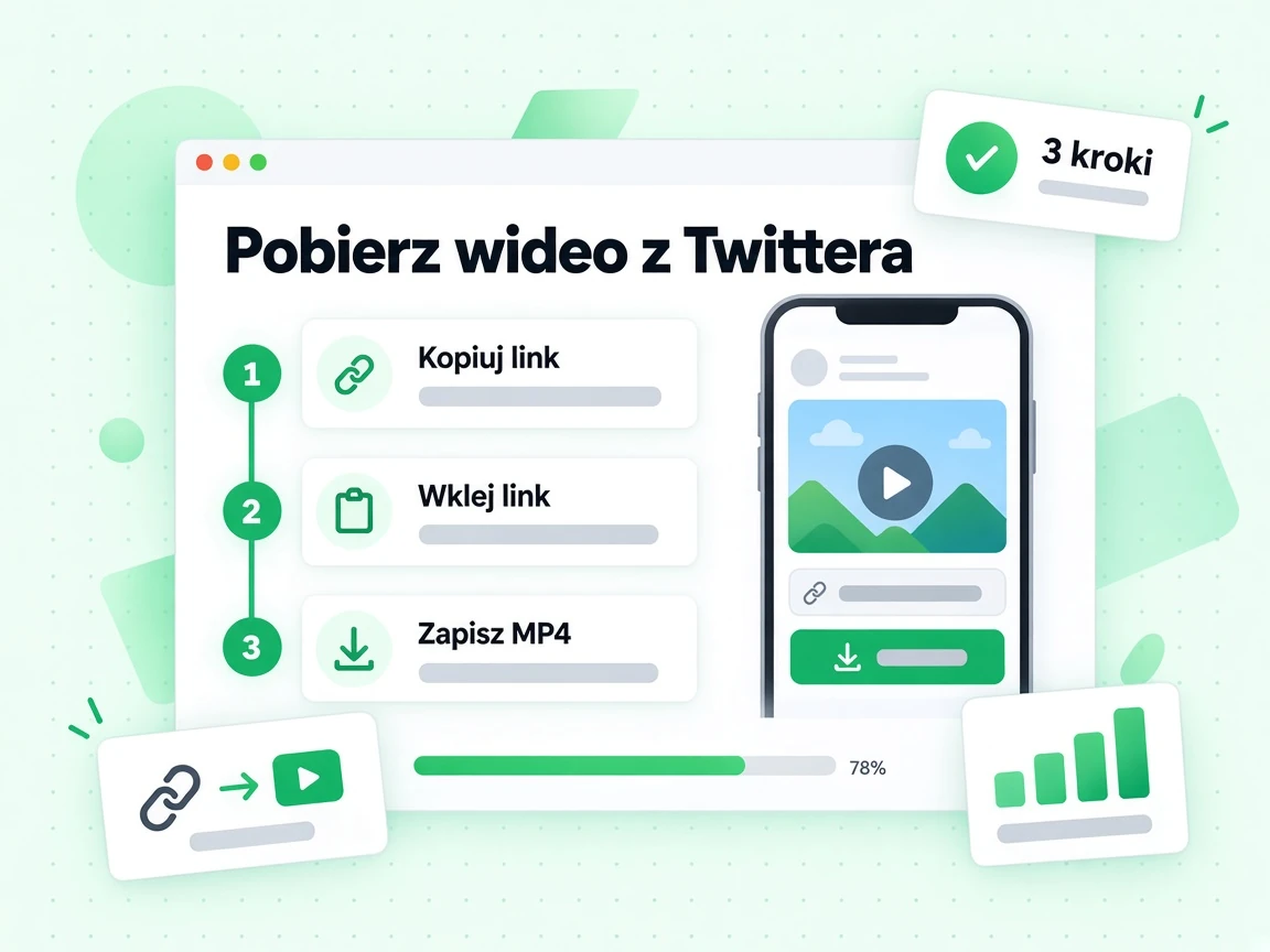 Pobierz wideo z Twittera prowadzi przez trzy kroki: Kopiuj link, Wklej link i Zapisz MP4, z plakietką 3 kroki