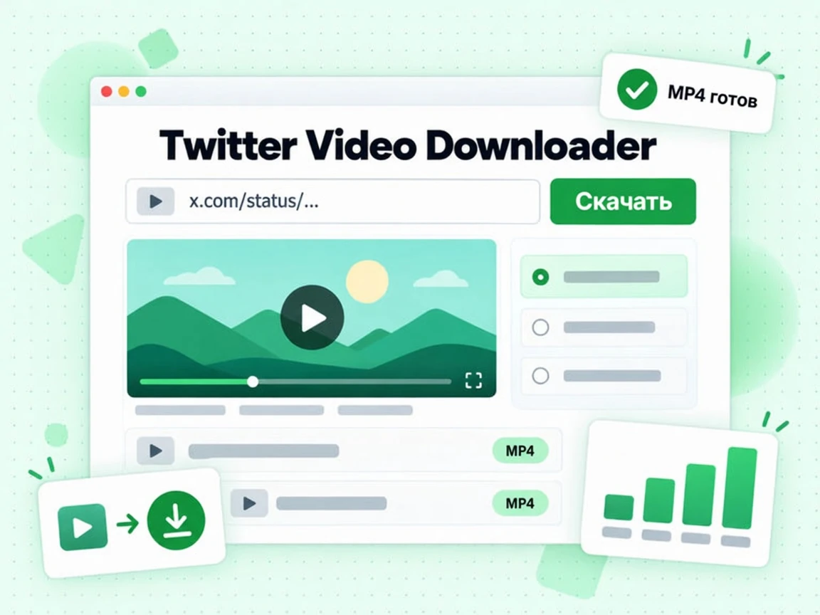 Twitter Video Downloader с полем URL поста, кнопкой Download и результатом MP4