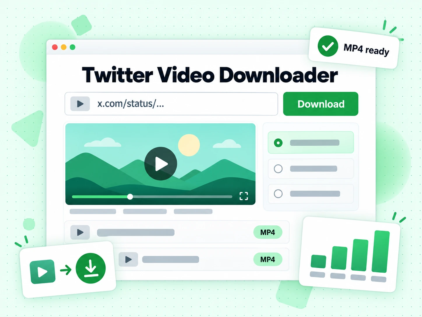 Twitter Video Downloader with a post URL field, a Download button, and an MP4 result