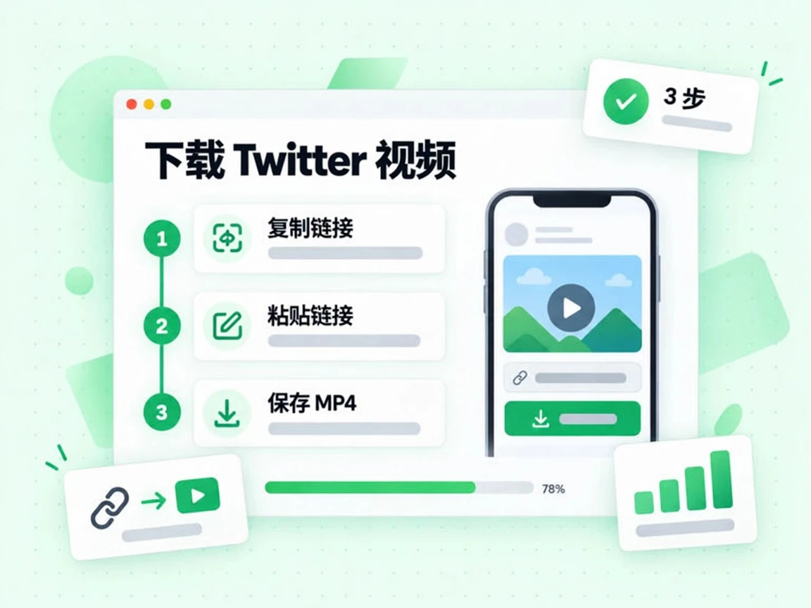 下载 Twitter 视频共 3 步:复制链接、粘贴链接、保存 MP4。