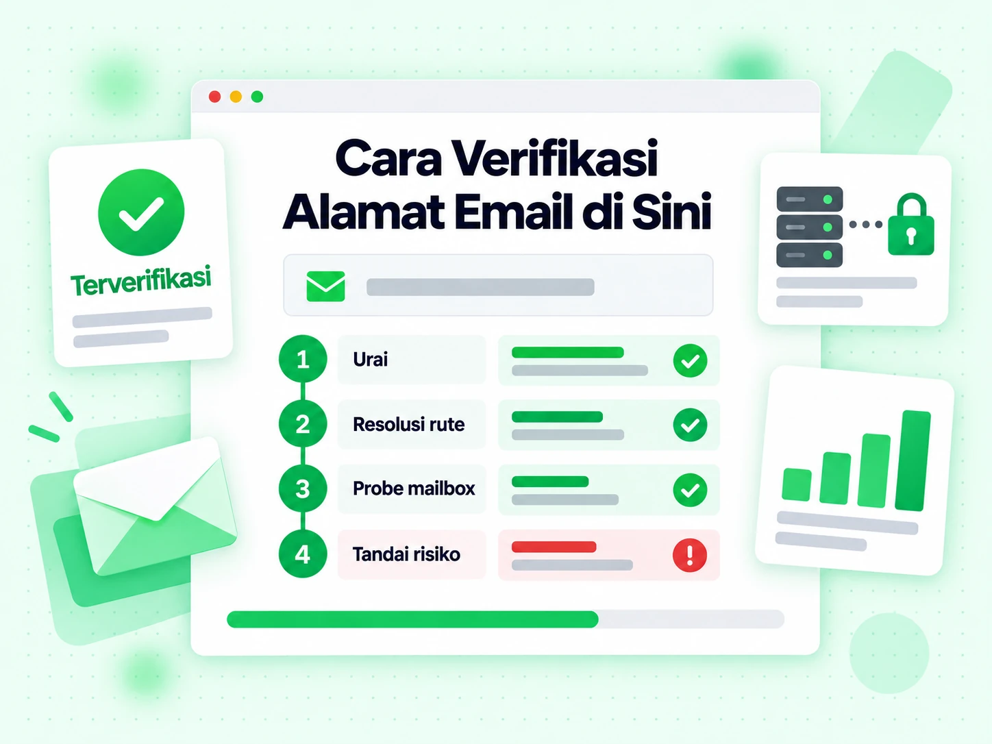 Cara Verifikasi Alamat Email di Sini: empat langkah dari penguraian melalui rute, probe mailbox dan flag risiko