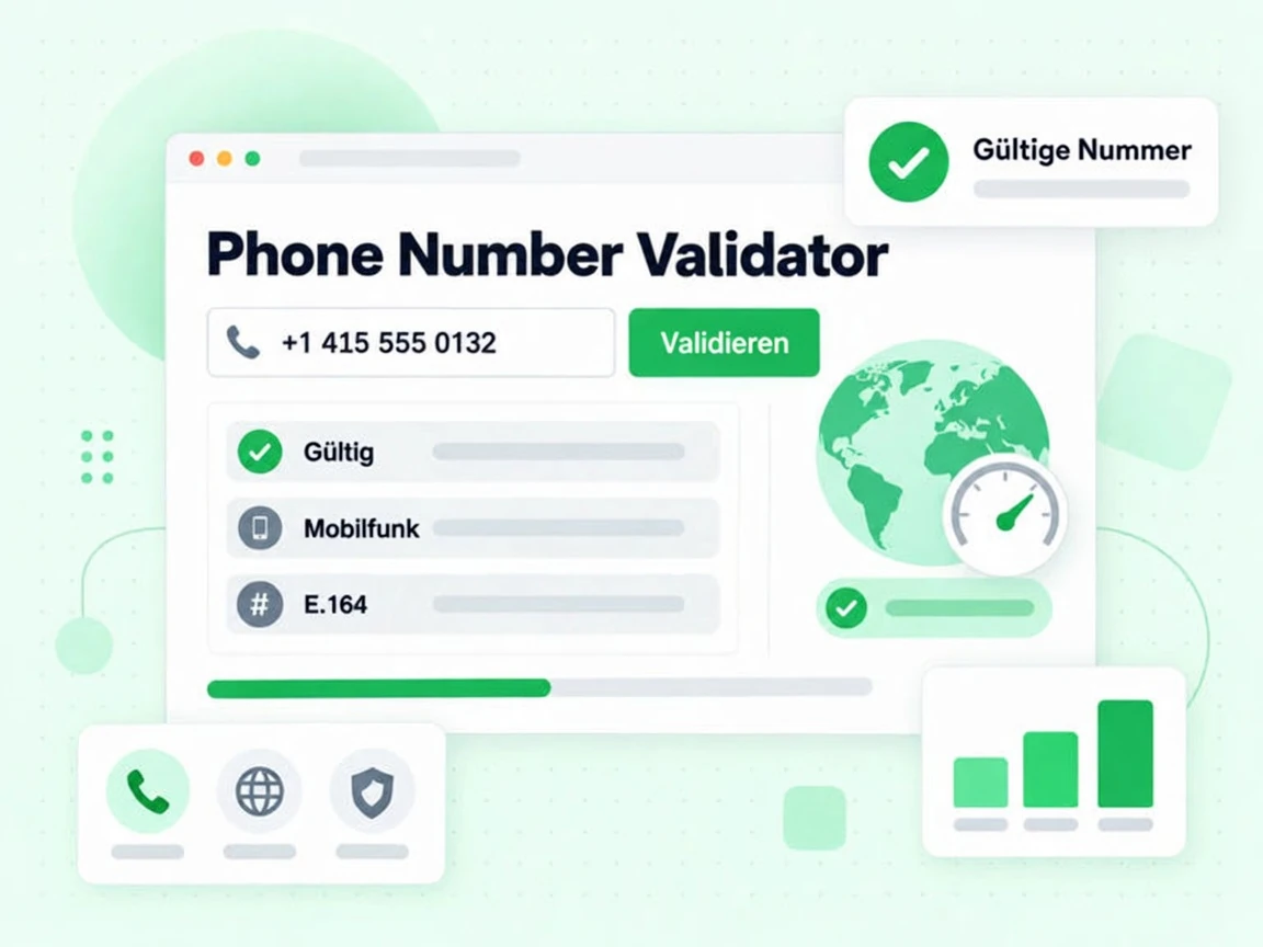 Phone Number Validator zeigt ein Telefonfeld, Validieren und die Zeilen Gültig, Mobilfunk und Gültige Nummer