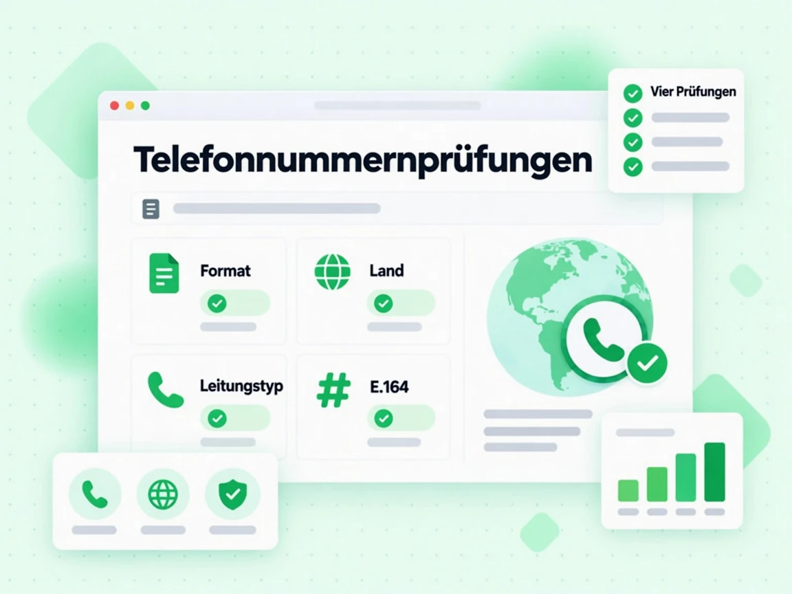 Telefonnummernprüfungen decken Format, Land, Leitungstyp und E.164 ab und zeigen Vier Prüfungen