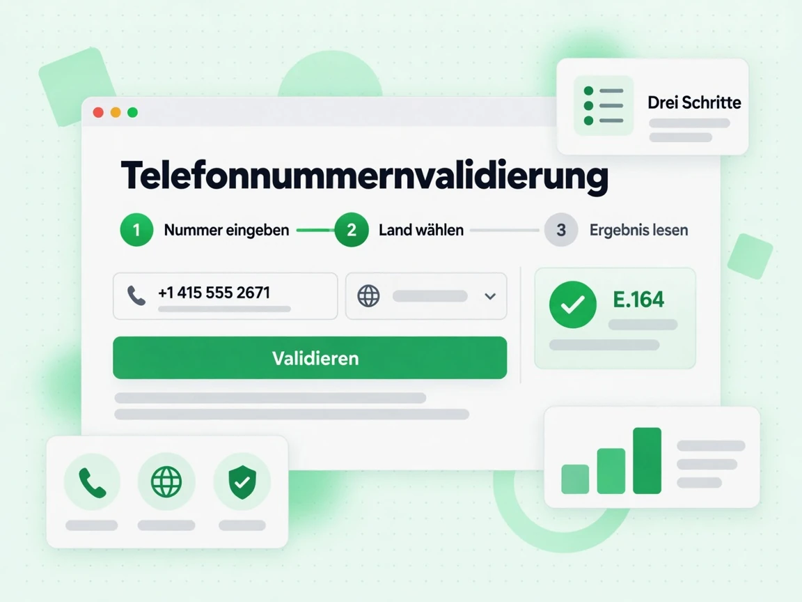 Telefonnummernvalidierung umfasst Drei Schritte: 1 Nummer eingeben, 2 Land wählen und 3 Ergebnis lesen