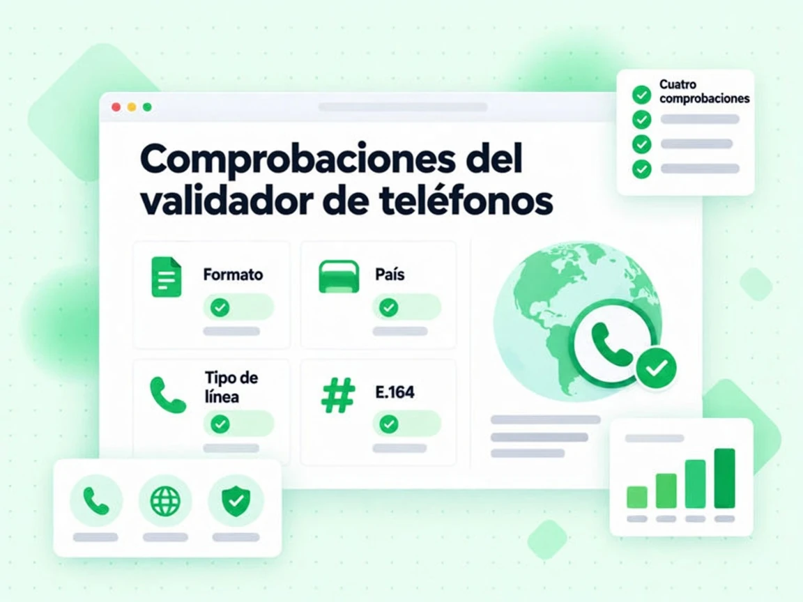Comprobaciones del validador de teléfonos cubren Formato, País, Tipo de línea, E.164 y Cuatro comprobaciones.