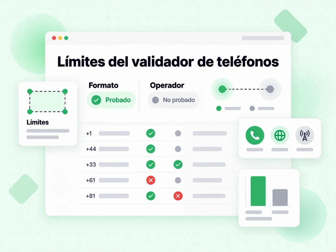 Límites del validador de teléfonos contrastan Formato Probado con Operador No probado.