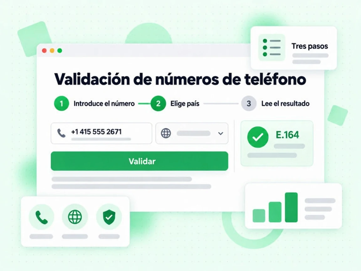 Validación de números de teléfono en Tres pasos: 1 Introduce el número, 2 Elige país y 3 Lee el resultado.
