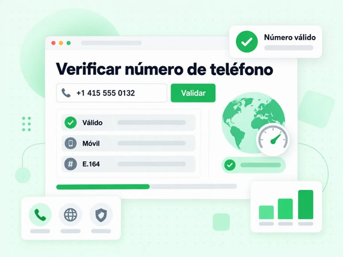 Verificar número de teléfono muestra un campo, el botón Validar y filas Válido, Móvil, E.164 y Número válido.
