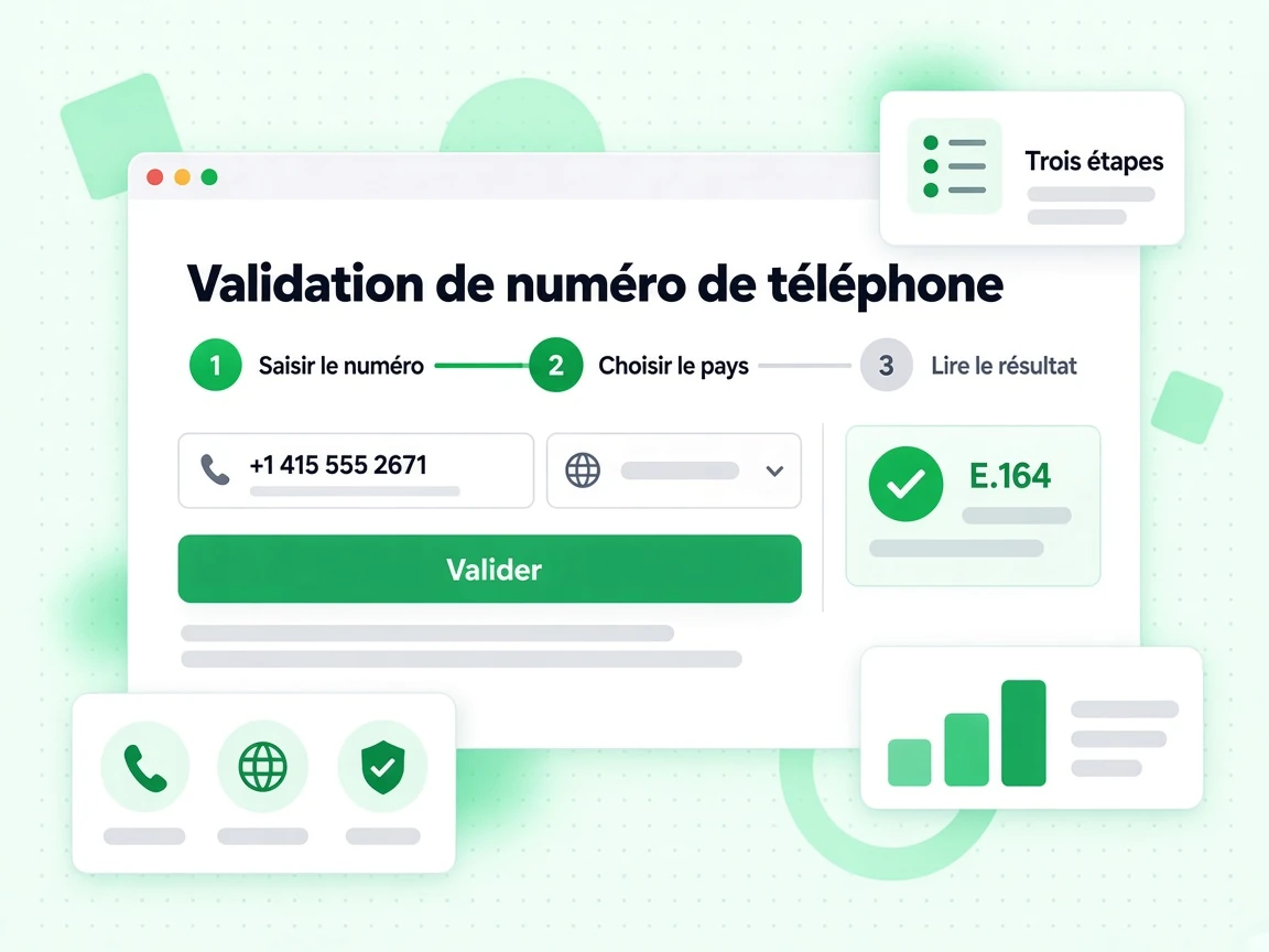 Validation de numéro de téléphone en trois étapes : Saisir le numéro, Choisir le pays, Lire le résultat.