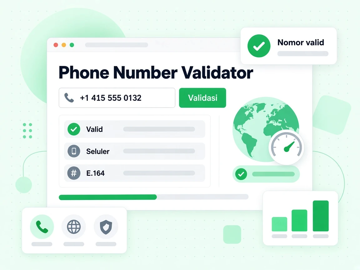 Phone Number Validator dengan input telepon, tombol Validate, serta baris Valid, Mobile dan E.164